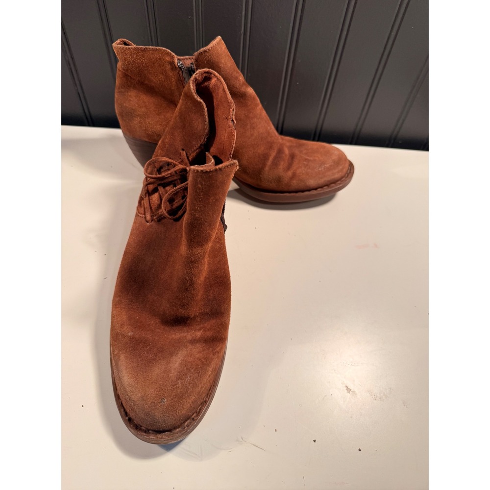 Born Suede Ankle Boots Brown Leather Lace Detail Side Zip Block Heel F56926 8M
